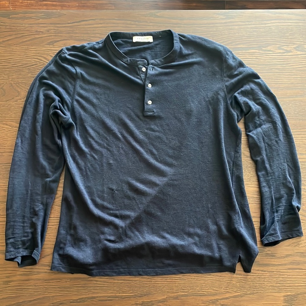 Sandro mens navy linen long sleeve Henley
